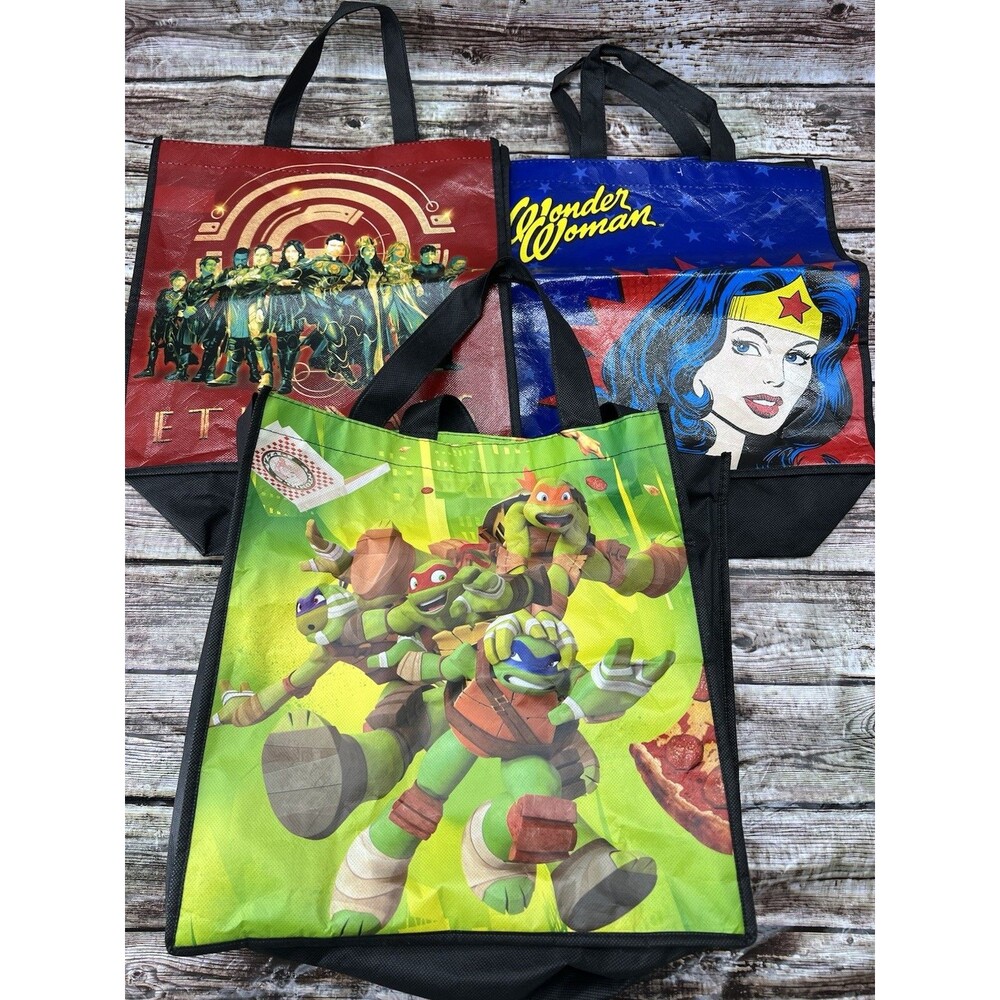 Lot of 3 Super Heroes 13"x12"x6” Reusable Tote Bags NEW Wonder Woman Turtles